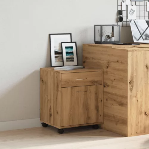  kézműves tölgy színű szerelt fa kerekes szekrény 45 x 38 x 54cm