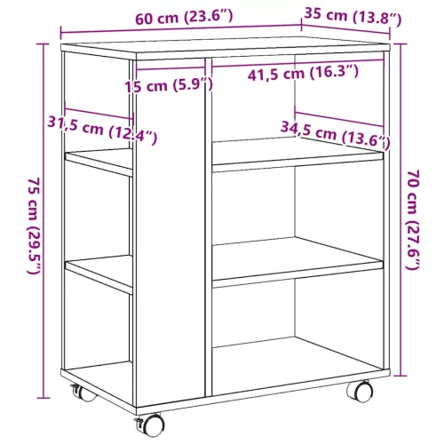  antik fa színű szerelt fa kerekes szekrény 60 x 35 x 75 cm