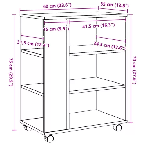  kézműves tölgy színű szerelt fa kerekes szekrény 60 x 35 x 75cm