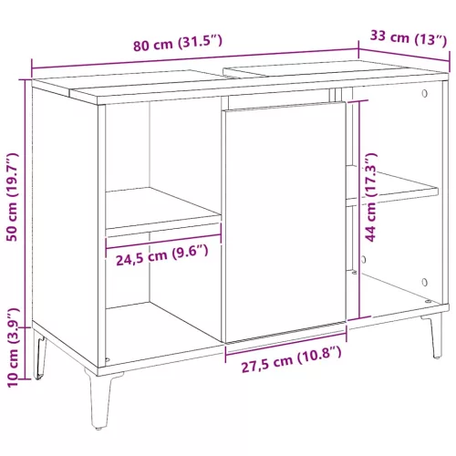  kézműves tölgy színű szerelt fa mosdószekrény 80 x 33 x 60 cm