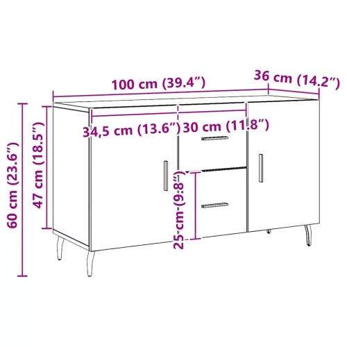  kézműves tölgy színű szerelt fa tálalószekrény 100 x 36 x 60 cm