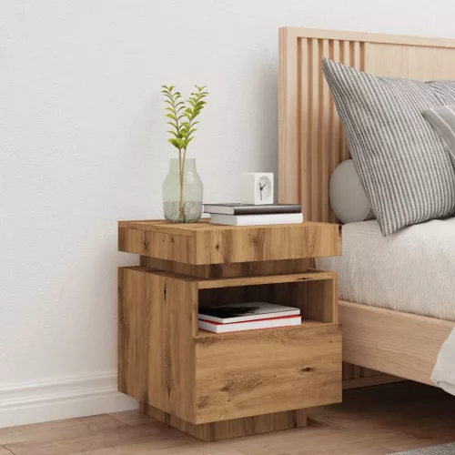  kézműves tölgy színű éjjeliszekrény LED-fényekkel 40x39x48,5 cm