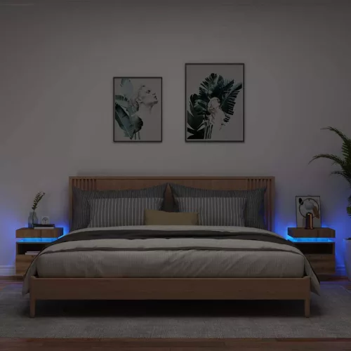  2 db kézműves tölgy éjjeliszekrény LED-fényekkel 40x39x48,5 cm