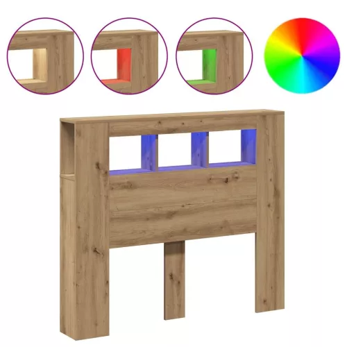  kézműves tölgyszínű szerelt fa LED-es fejtámla 120x18,5x103,5cm