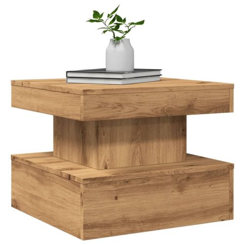  kézműves tölgy színű dohányzóasztal LED-lámpákkal 50x50x40cm