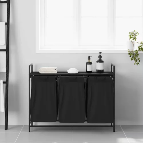  fekete tölgyfa mosodai kosár 3 rekeszes polccal