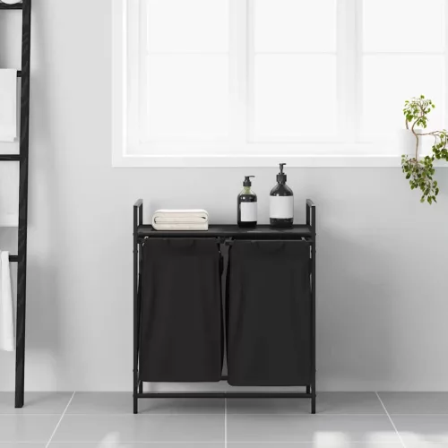  fekete tölgyfa mosodai kosár 2 rekeszes polccal