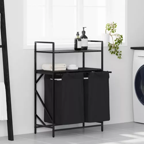  fekete tölgyfa mosodai kosár 2 rekeszes polcokkal