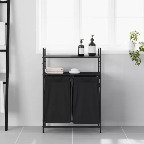  fekete tölgyfa mosodai kosár 2 rekeszes polcokkal