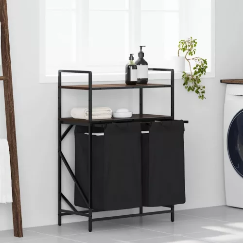  barna tölgy mosodai kosár 2 rekeszes polcokkal