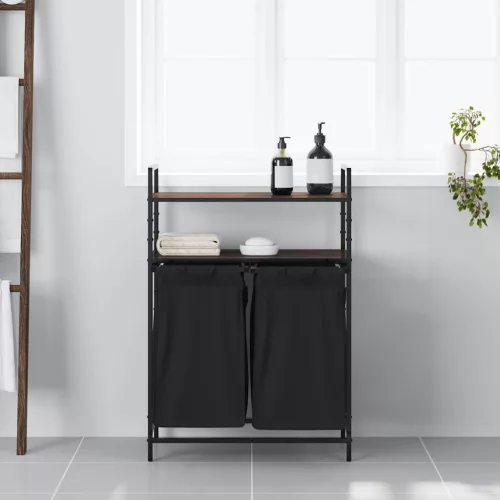  barna tölgy mosodai kosár 2 rekeszes polcokkal