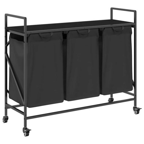  fekete tölgyfa mosodai kosár 3 rekeszes kerekekkel