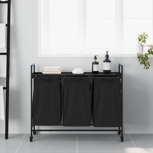  fekete tölgyfa mosodai kosár 3 rekeszes kerekekkel