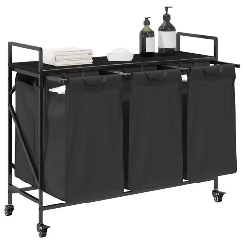  fekete tölgyfa mosodai kosár 3 rekeszes kerekekkel