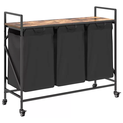  füstölt tölgy mosodai kosár 3 rekeszes kerekekkel