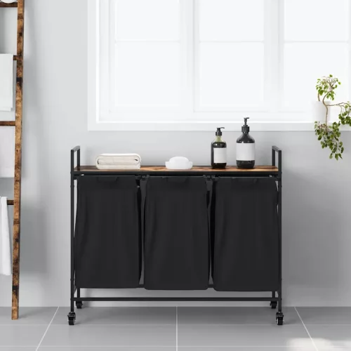  füstölt tölgy mosodai kosár 3 rekeszes kerekekkel