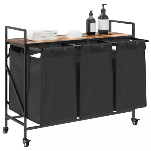  füstölt tölgy mosodai kosár 3 rekeszes kerekekkel