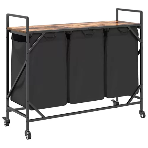  füstölt tölgy mosodai kosár 3 rekeszes kerekekkel