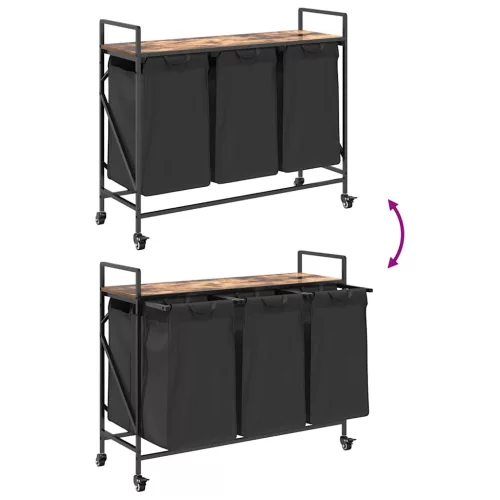  füstölt tölgy mosodai kosár 3 rekeszes kerekekkel