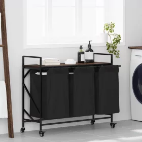  barna tölgy mosodai kosár 3 rekeszes kerekekkel