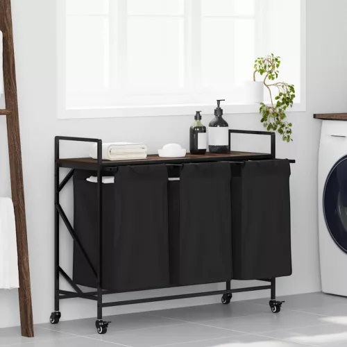  barna tölgy mosodai kosár 3 rekeszes kerekekkel