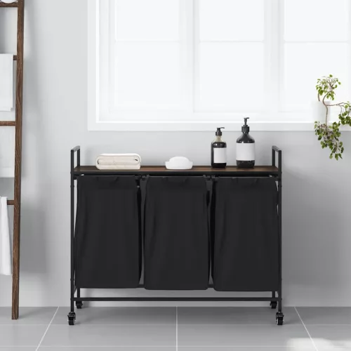  barna tölgy mosodai kosár 3 rekeszes kerekekkel