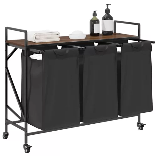  barna tölgy mosodai kosár 3 rekeszes kerekekkel