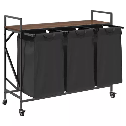  barna tölgy mosodai kosár 3 rekeszes kerekekkel