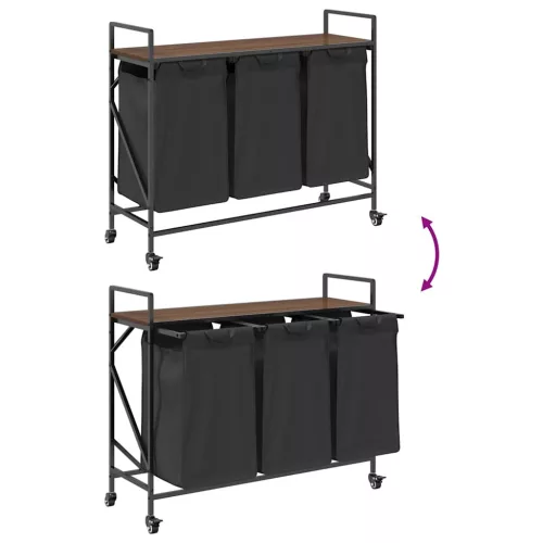  barna tölgy mosodai kosár 3 rekeszes kerekekkel