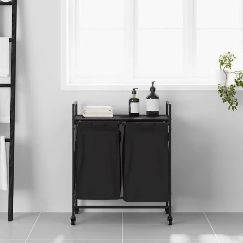  fekete tölgyfa mosodai kosár 3 rekeszes kerekekkel