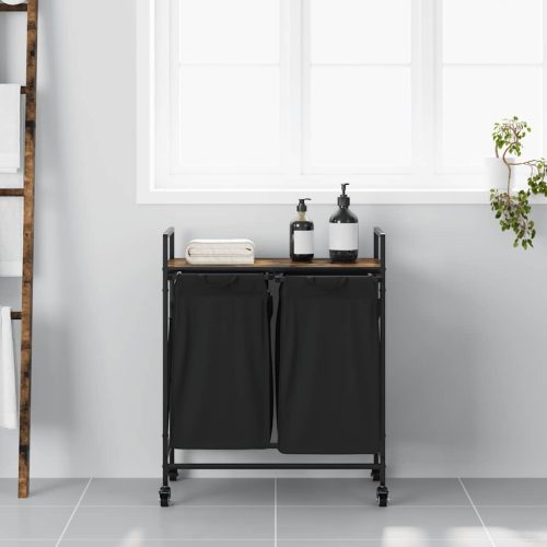  füstölt tölgy mosodai kosár 2 rekeszes kerekekkel