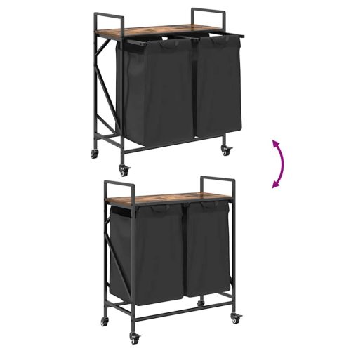  füstölt tölgy mosodai kosár 2 rekeszes kerekekkel