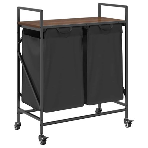  barna tölgy mosodai kosár 2 rekeszes kerekekkel