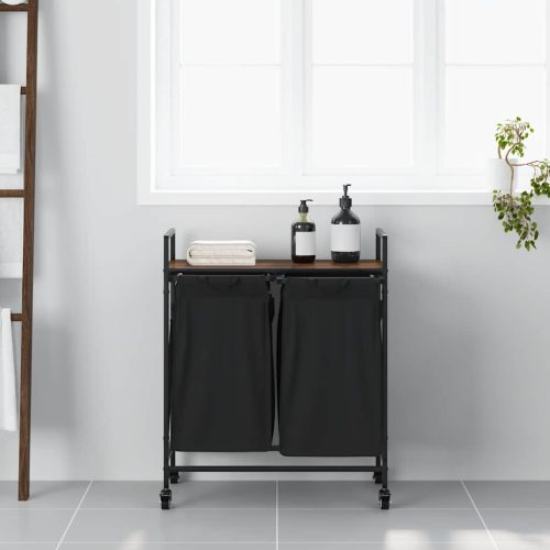  barna tölgy mosodai kosár 2 rekeszes kerekekkel