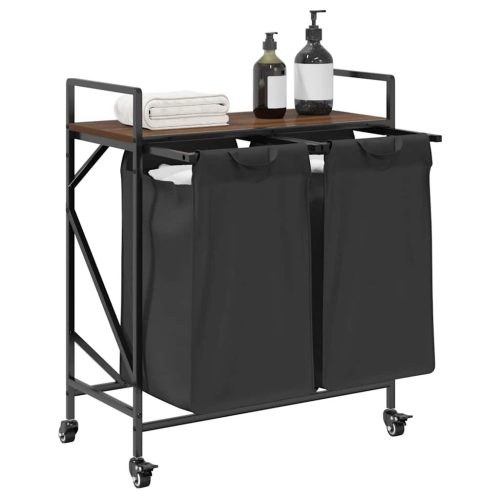  barna tölgy mosodai kosár 2 rekeszes kerekekkel