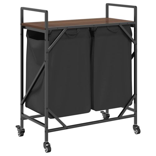  barna tölgy mosodai kosár 2 rekeszes kerekekkel