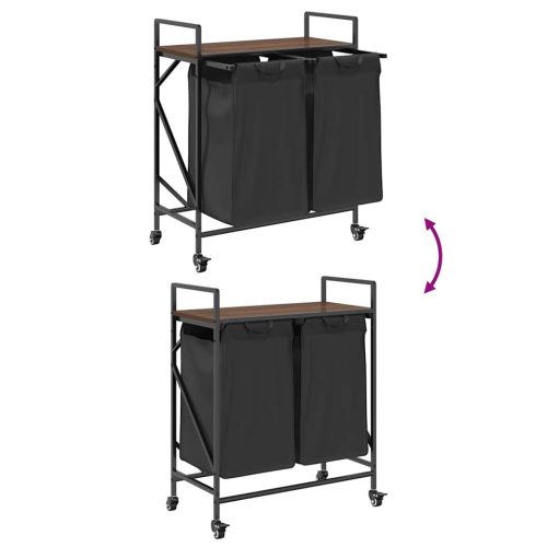  barna tölgy mosodai kosár 2 rekeszes kerekekkel