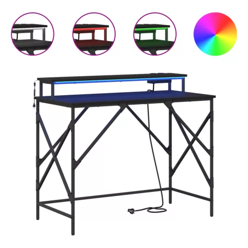  Asztal LED -es lámpákkal tárolóval Musta tammi 100 x 50 x 86.5 cm Faanyag