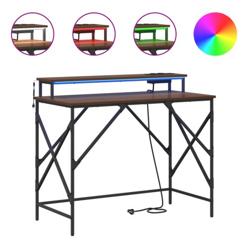  Asztal LED -es lámpákkal tárolóval barna tölgy 100 x 50 x 86.5 cm Faanyag