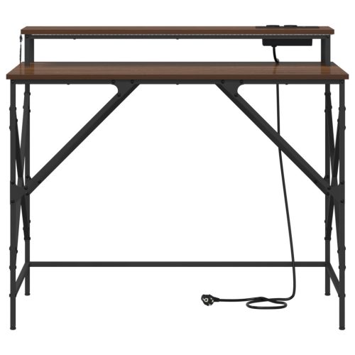  Asztal LED -es lámpákkal tárolóval barna tölgy 100 x 50 x 86.5 cm Faanyag