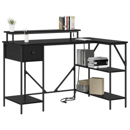  Asztal LED -es lámpákkal fiókkal polcokkal tárolóval Musta tammi 120 x 79 x 86.5 cm Faanyag