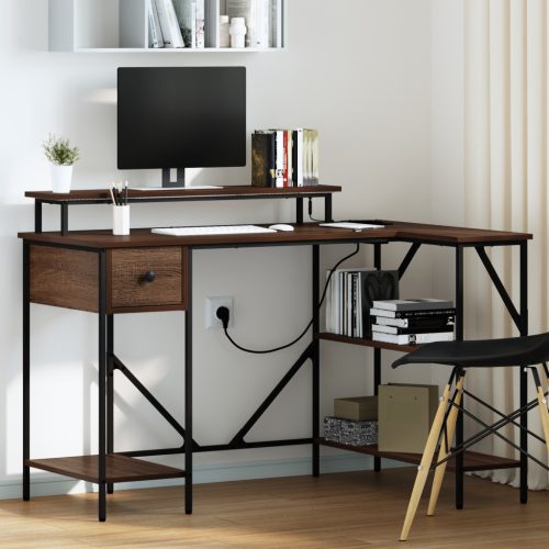  Asztal LED -es lámpákkal fiókkal polcokkal tárolóval barna tölgy 120 x 79 x 86.5 cm Faanyag