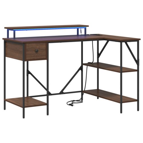  Asztal LED -es lámpákkal fiókkal polcokkal tárolóval barna tölgy 120 x 79 x 86.5 cm Faanyag