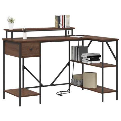  Asztal LED -es lámpákkal fiókkal polcokkal tárolóval barna tölgy 120 x 79 x 86.5 cm Faanyag