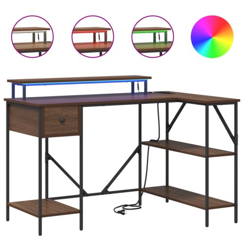  Asztal LED -es lámpákkal fiókkal polcokkal tárolóval barna tölgy 120 x 79 x 86.5 cm Faanyag
