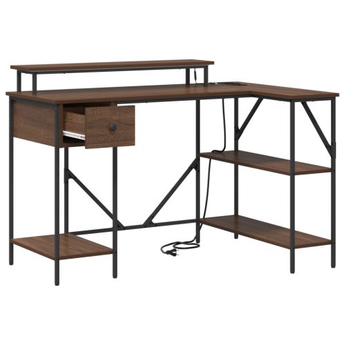  Asztal LED -es lámpákkal fiókkal polcokkal tárolóval barna tölgy 120 x 79 x 86.5 cm Faanyag