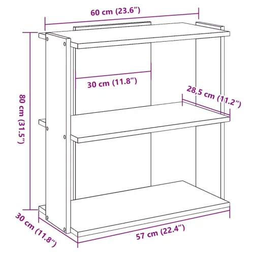  3 szintes füstös tölgy színű szerelt fa könyvespolc 60x30x80 cm