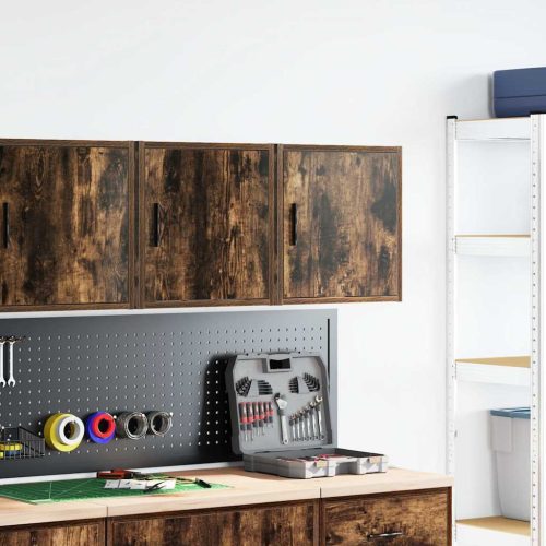  2 db füstös tölgy színű szerelt fa garázs fali szekrények