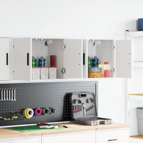  2 db fehér szerelt fa garázs fali szekrények