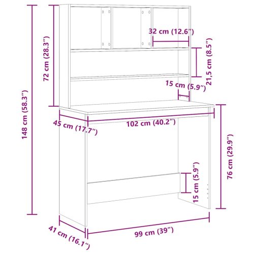 fekete tölgy szerelt fa íróasztal polcokkal 102 x 45 x 148 cm